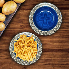 Blue Swirl Ceramic Pasta Plates - 2 Pieces | Hand Painted Multi Purpose Ceramic Deep Plates, Snack Plates, Starter Plates - 7 Inch, Microwave Safe & Dishwasher Safe