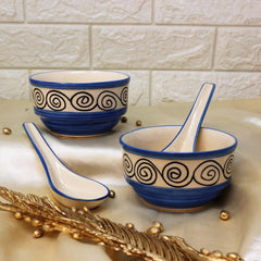 Blue Swirl Hand Painted Handled Ceramic Soup Bowls With Spoons Set Of 2 - 300ml Each | Serving Bowls With Matching Spoons | Ceramic Soup Cups - 2 Pieces, Microwave Safe & Dishwasher Safe
