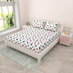 Pure Cotton Kids Bedsheet Double Bed Queen Size With 2 Pillow Covers | 90 X 100 Inches, White & Green | Fun Cartoon Theme, Soft & Breathable Fabric