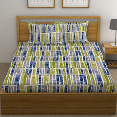144 TC Cotton Bedsheet For King Size With 2 Pillow Cover - 110 X 108 Inches, Green & Grey | Good For Guest Houses, & Daily Home Use