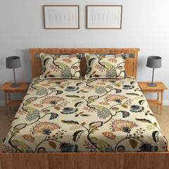 Printed Double Bedsheet With 2 Matching Pillow Covers - 72 X 78 X 10 Inches, Beige | All Around Elastic Fitted King Size Bedsheets | Ideal For Home, Hotel, Bedroom