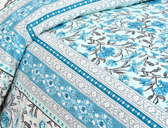 Hand Printed Cotton Bedsheet For King Size With 2 Pillow Covers | 90 X 108 Inches, White & Aqua | Ultra-Soft & Skin-Safe | Breathable Summer Comfort