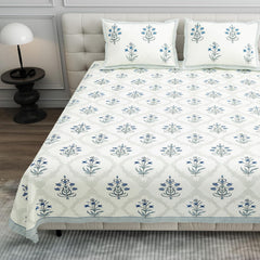 Pure Cotton King Size Bedsheet 2 Matching Pillow Covers | 100x108 Inches, White & Blue | Traditional Jaipuri Printed Bedsheet | Ideal Wedding Gift, Housewarming, Special Occasion Surprise