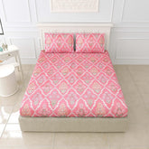 Printed King Size Double Bedsheet With 2 Large Pillow Cover - Size 72 X 78 X 14 Inches, Pink | Cotton Elastic Fitted All Around Bedsheet - Breathable & Wrinkle Free