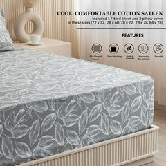 Premium Cotton Fitted Bedsheet King Size - 78 X 72 Inches With 2 Pillow Covers, Grey & White | Super Soft, Breathable & Wrinkle Free