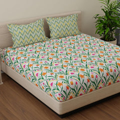 Double Bedsheet For King Size With 2 Pillow Covers - 108 X 108 Inches, Green & Yellow | Beautiful Print For Luxury Bedsheets