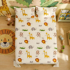 Kids Double Bed Bedsheet Set With 2 Pillow Covers - 88 X 100 Inches, Off White & Brown | Soft Bedding For Boys & Girls | Jungle Safari Print