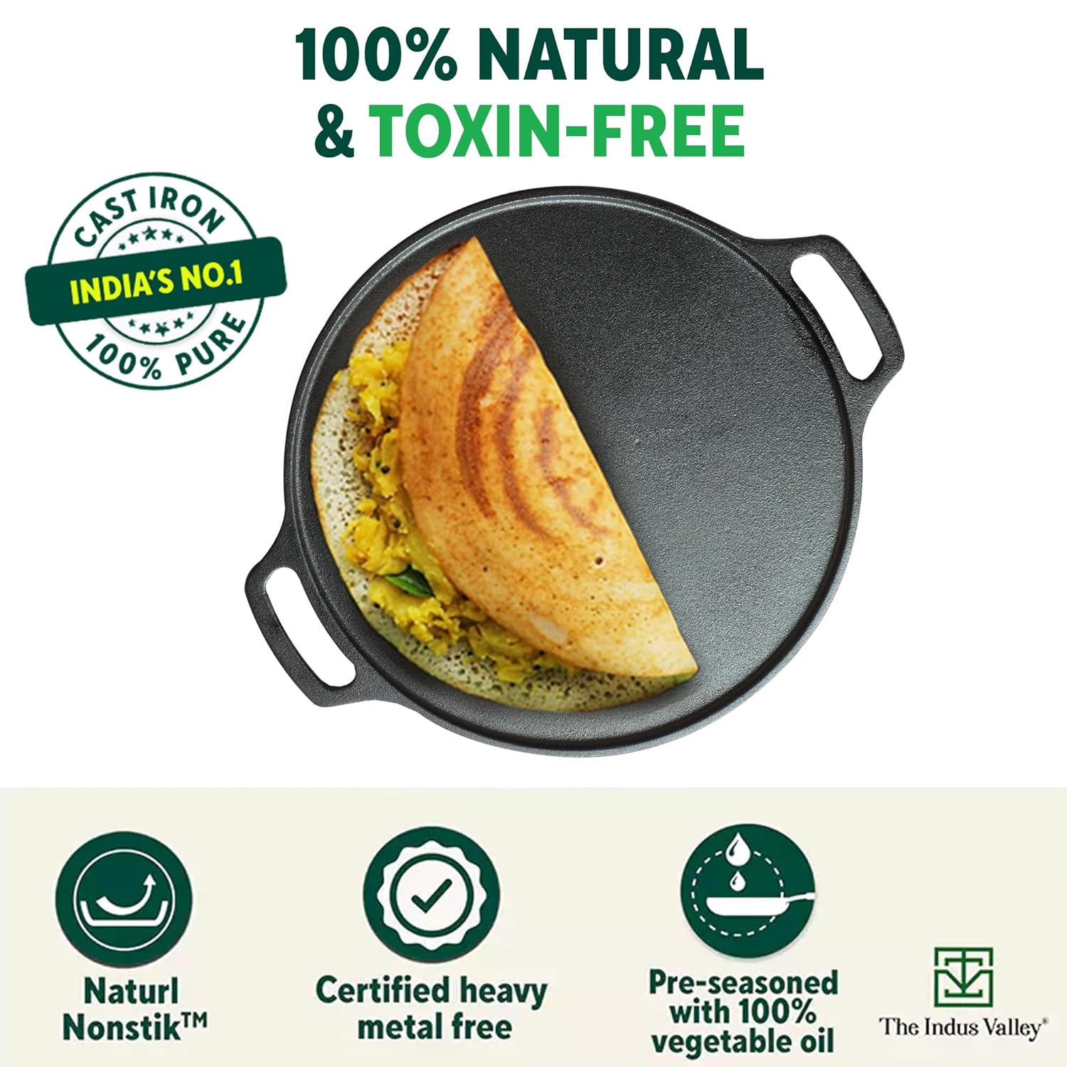 Pre-Seasoned Black Cast Iron Tawa With Free Wooden Spatula For Dosa, Chapathi - 30.2cm, 11.8 Inch, 2.4 Kg | Induction Friendly, Naturally Nonstick, 100% Pure & Toxin-Free, No Chemical Coating Pre-Seasoned Black Cast Iron Tawa With Free Wooden Spatula For Dosa, Chapathi - 30.2cm, 11.8 Inch, 2.4 Kg | Induction Friendly, Naturally Nonstick, 100% Pure & Toxin-Free, No Chemical Coating