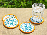 Studio Pottery Ceramic Coasters Set Of 4 - Green & Yellow | Dining Table Coasters - Bar Accessories