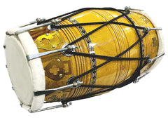 Handmade Bhajan Kirtan Sheesham Wood Dholak With Yellow Glassy Glass Transparent Polish - Yellow | Goat Skin Made Ring Fitting By Nut & Bold On Both Side