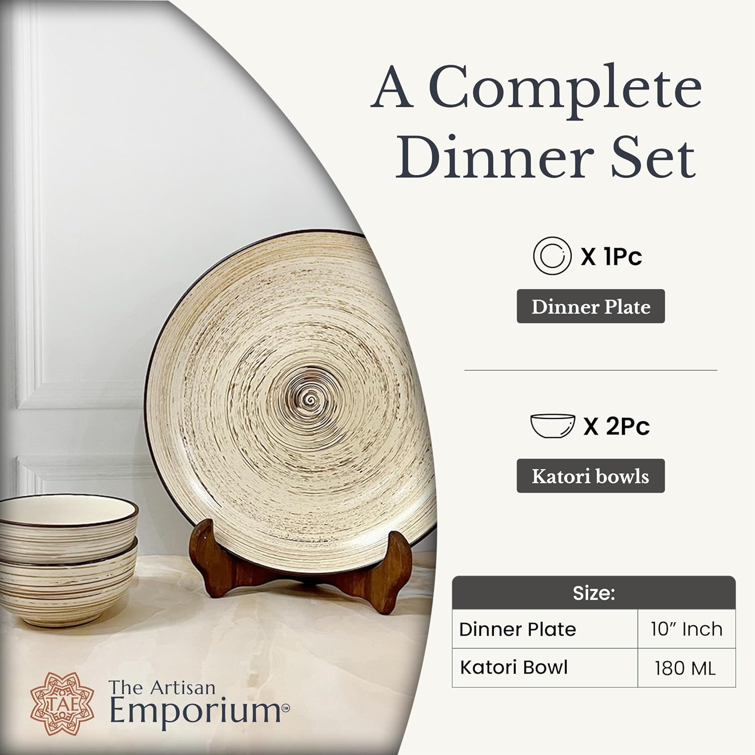 Iris Beige Handcrafted Ceramic Dinner Set - 3 Pieces | 1 Dinner Plate + 2 Katori Bowls, 180ml Each Dinnerware Set | Serving For 1, Microwave Safe & Dishwasher Safe Iris Beige Handcrafted Ceramic Dinner Set - 3 Pieces | 1 Dinner Plate + 2 Katori Bowls, 180ml Each Dinnerware Set | Serving For 1, Microwave Safe & Dishwasher Safe