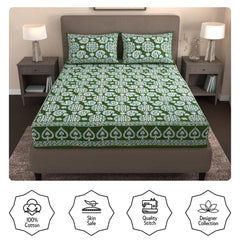 Handloom Printed Double Bedsheet For Queen Size With 2 Matching Pillow Cover | Size 90 X 100 Inches, Dark Green - Cotton Bedsheets For Double Bed | Soft & Smooth