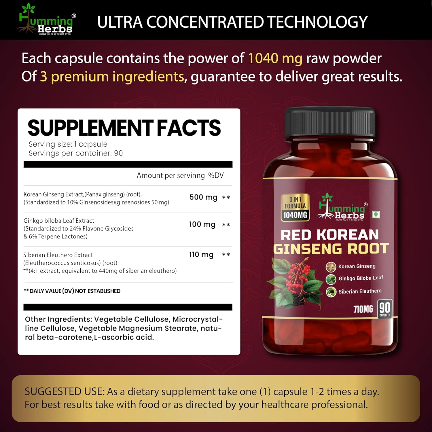 Humming Herbs Red Korean Ginseng With Ginkgo Biloba Leaf, Siberian Ginseng, Supports Energy, Concentration, Immune System & Improves Mental Clarity Bio Available | 90 Capsules 100gm 0.2lbs Humming Herbs Red Korean Ginseng With Ginkgo Biloba Leaf, Siberian Ginseng, Supports Energy, Concentration, Immune System & Improves Mental Clarity Bio Available | 90 Capsules 100gm 0.2lbs