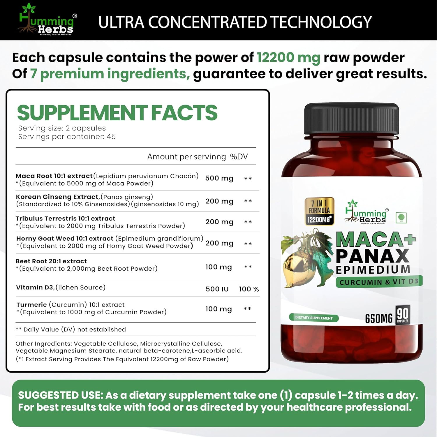 Humming Herbs Maca With Panax Ginseng Supplements 7200mg, Maca Root Extract Powder, Increase Stamina & Build Muscle | 90 Capsules 150gm 0.3lbs Humming Herbs Maca With Panax Ginseng Supplements 7200mg, Maca Root Extract Powder, Increase Stamina & Build Muscle | 90 Capsules 150gm 0.3lbs