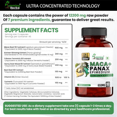 Humming Herbs Maca With Panax Ginseng Supplements 7200mg, Maca Root Extract Powder, Increase Stamina & Build Muscle | 90 Capsules 150gm 0.3lbs