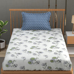 Soft Cotton Single Size Bedsheet With 1 Pillow Cover | 60 X 90 Inches, White & Blue | Anti-Fade Printed Design | 200 Thread Count