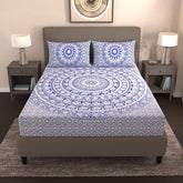 Printed Double Bedsheet For Queen Size With 2 Matching Pillow Cover | Size 90 X 100 Inches, Blue & White - Handloom Cotton Bedsheets For Double Bed | Soft & Smooth