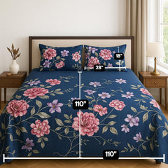 Printed Cotton Bedsheet For King Size With 2 Pillow Cover | 108 X 108 Inches, Dark Blue | Wrinkle Free Soft Perfect For Everyday Use
