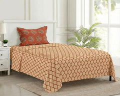 Cotton Printed Single Flat Bedsheet With 1 Pillow Cover - 60 X 100 Inches, Clay Red & Beige | Breathable & Skin Friendly Bedsheet | Ideal For Year Round Use