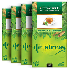 TE-A-ME Ashwagandha De-Stress Green Tea - Pack Of 4 X 25 Tea Bags | Reduces Stress & Anxiety - Goodness Of 10 Natural Ingredients