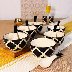 Black Moroccan Hand Painted Handled Ceramic Soup Bowls With Spoons Set Of 6 - 300ml Each | Serving Bowls With Matching Spoons | Ceramic Soup Cups - 6 Pieces, Microwave Safe & Dishwasher Safe