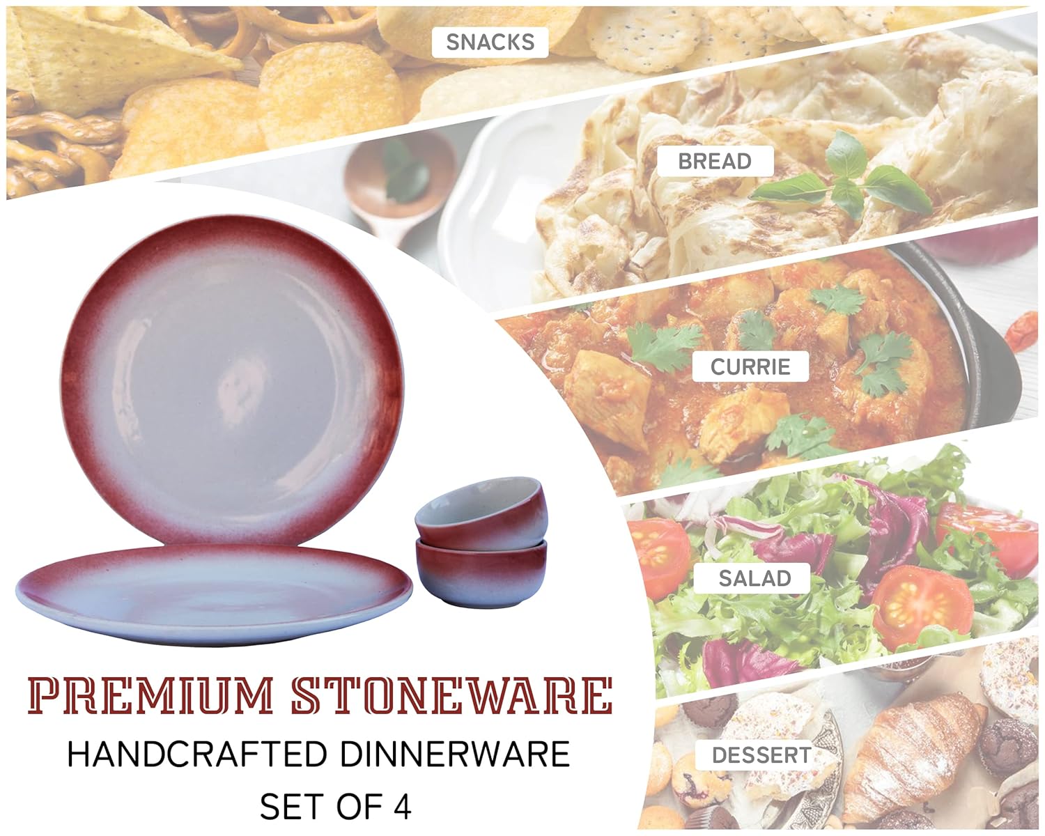 Handcrafted Ceramic Stoneware Dinner Set - Pack Of 4, Off White & Red | 2 Dinner Plates + 2 Dinner Katori, 180ml Each - Scratch Resistant, Microwave & Dishwasher Safe Handcrafted Ceramic Stoneware Dinner Set - Pack Of 4, Off White & Red | 2 Dinner Plates + 2 Dinner Katori, 180ml Each - Scratch Resistant, Microwave & Dishwasher Safe