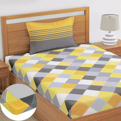 Cotton Elastic Fitted Bedsheet Single Bed With 1 Pillow Cover - 36 X 78 Inches, Yellow & Grey | Perfect For Everyday Use | Ultra-Soft & Breathable