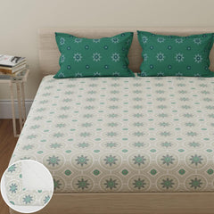 Cotton Elastic Fitted Bedsheet For King Size With 2 Pillow Covers - 72 X 78 Inches, Dark Green & Light Green | Ideal For Guest Room, Hotel Quality | 3 Piece Bed Sheet