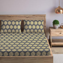 Jaipuri Design Cotton King Size Printed Bedsheet With 2 Pillow Covers - 108 X 108 Inches, Grey & Mustard | Ideal For Home Use & Perfect For Gifting On Weddings, Housewarmings & Festivals