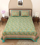 King Size Bedsheet With 2 Pillow Cover - 90 X 108 Inches, Green & Mustard | Light Weight & Easy To Wash At Home | Resistant For An All-Season Use