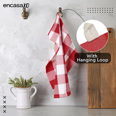 Encasa Xo Kitchen Cooking Cloth 340 Gsm | Cotton Hand Towel For Drying Dishes Highly Absorbent Cleaning & Quick Drying Of Plates | Buffalo Red Checks (Set Of 4)