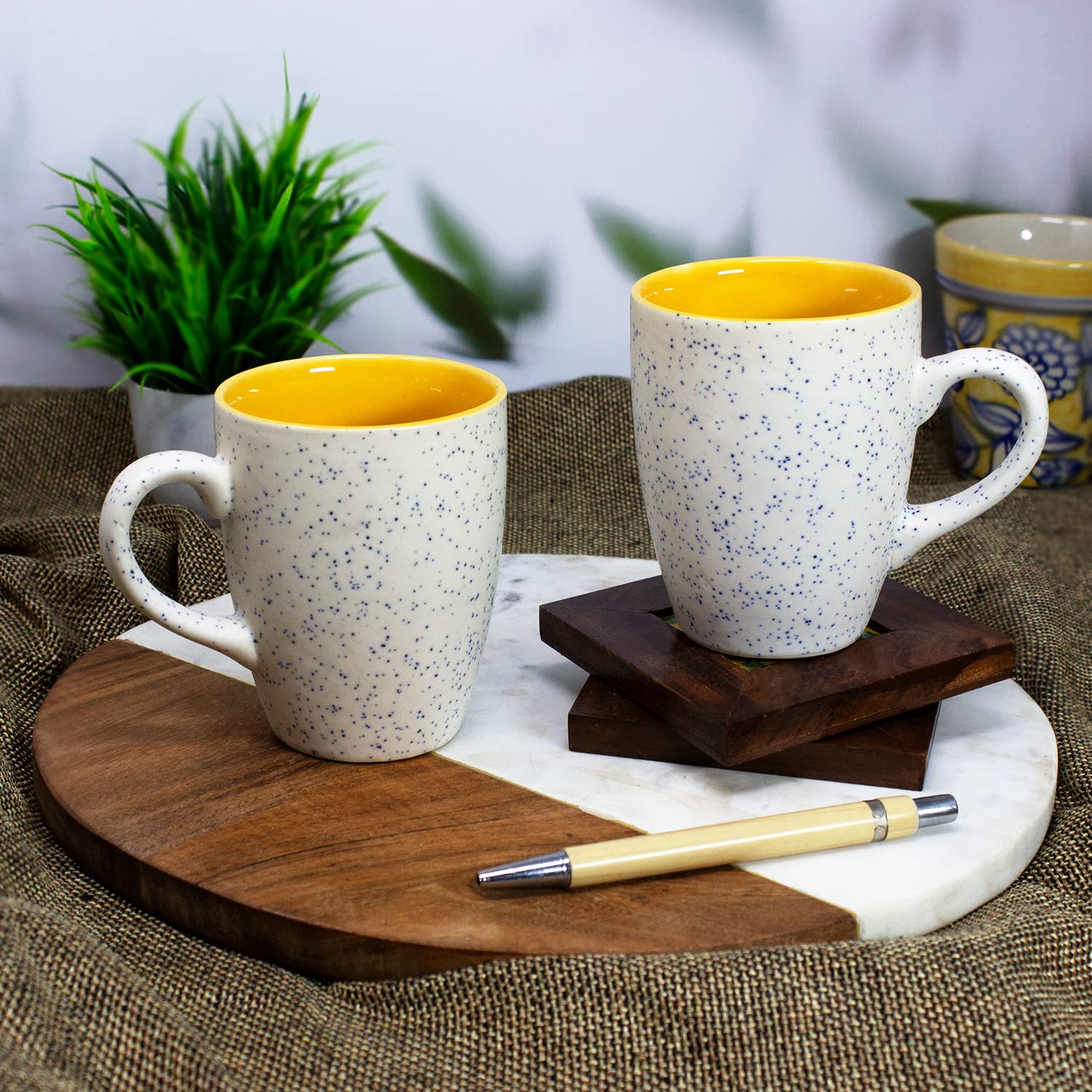 Handcrafted White Spotted Matte Finish Ceramic Coffee Mug Set Of 2 - 300ml Each | Ceramic Mugs For Coffee, Tea, Milk - Microwave Safe & Dishwasher Safe Handcrafted White Spotted Matte Finish Ceramic Coffee Mug Set Of 2 - 300ml Each | Ceramic Mugs For Coffee, Tea, Milk - Microwave Safe & Dishwasher Safe