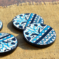 Studio Pottery Ceramic Tea & Coffee Coasters Set Of 4 - Blue & Black | Dining Table Coasters - Bar Accessories