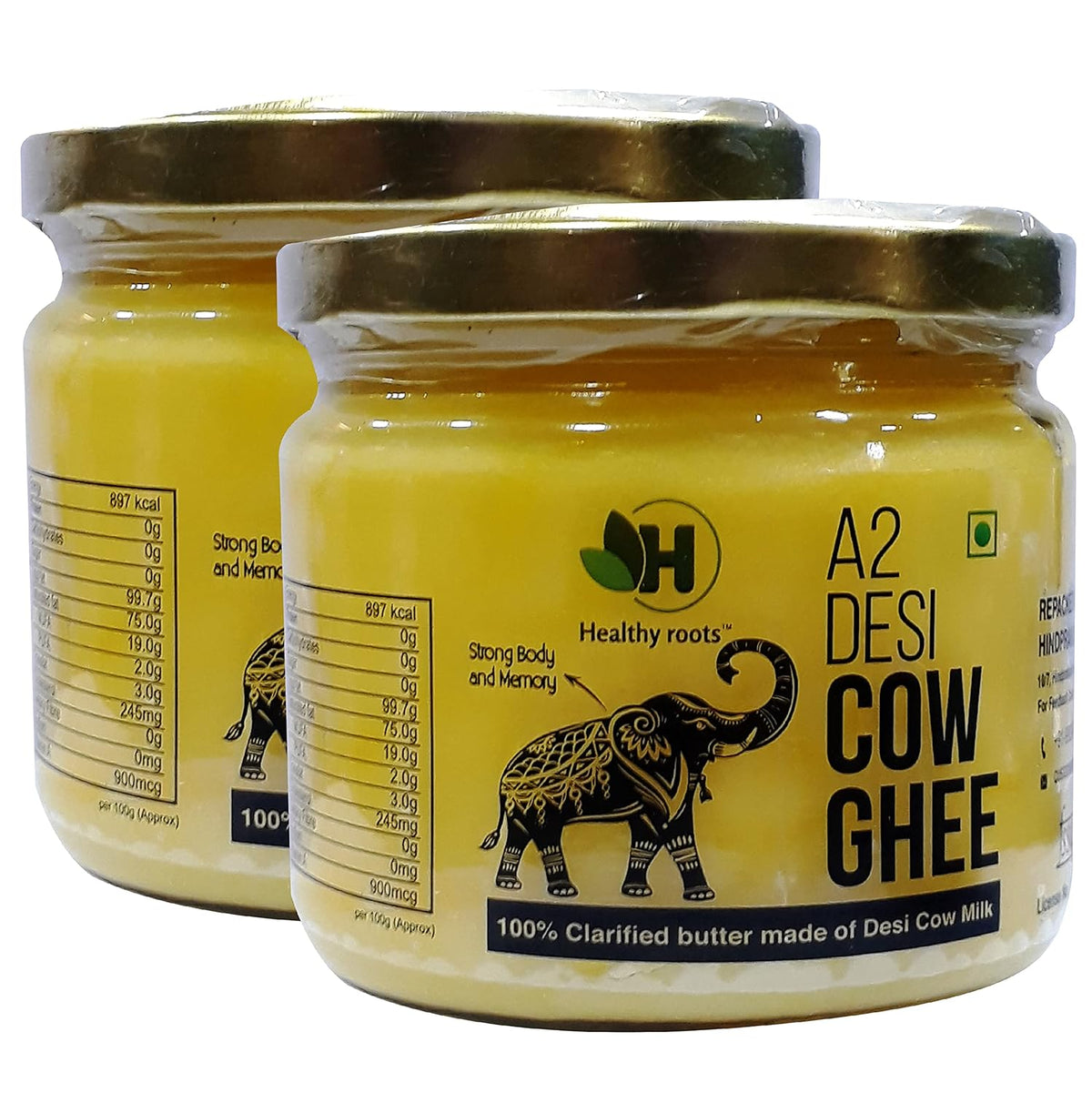 100% Pure A2 Desi Cow Ghee By Healthy Roots | Natural & Healthy Gir Cow Cultured Desi Ghee Good For Muscles | 500ml (250ml * 2) 16.9 Ounce | Jar Pack