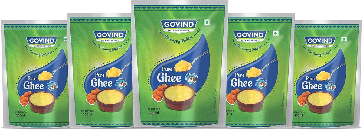 Premium Pure Cow Ghee By Govind | Rich In Vitamins A, D & E Healthy Nutrients Desi Ghee Good For Cooking, Frying | 1 Litre (200ml * 5) 33.8 Ounce | Pouch Pack