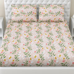 Queen Size Bed For Elastic Fitted Bedsheet With 2 Pillow Covers | 50 X 78 X 10 Inches, Blush & Green | Softness, Durability & Comfort | Perfect For Everyday Use