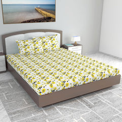 Cotton Extra Double Bedsheet For King Size With 2 Pillow Covers | 108 X 108 Inches, Yellow & White - Ideal For Home, Guest House, Hotel | Soft & Breathable Fabric