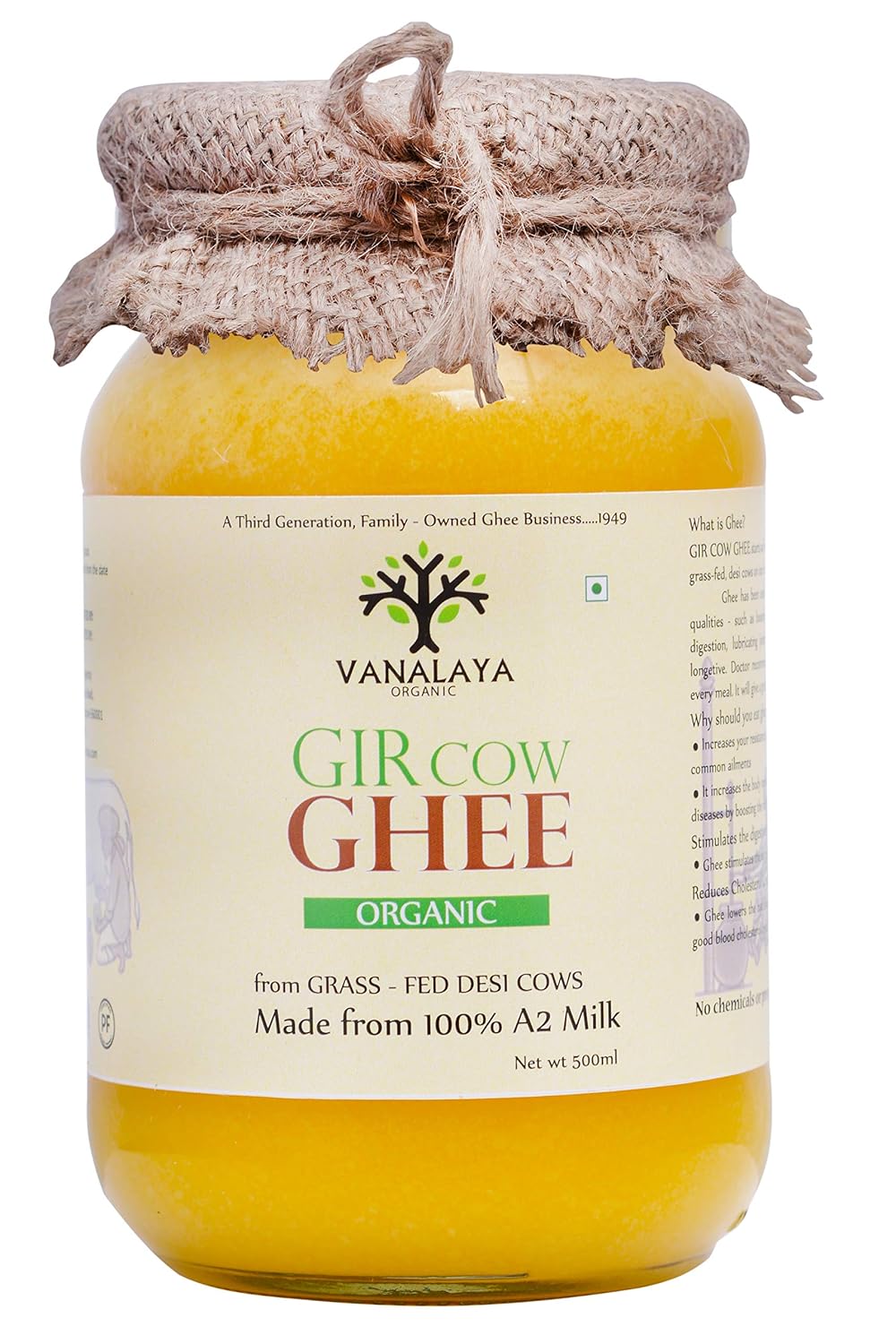 100% Pure Organic Desi Gir Cow Ghee By Vanalaya | Rich Source Of Vitamin A & Healthy Delicious Pure Desi Ghee | (500ml) 16.9 Ounce | Jar Pack