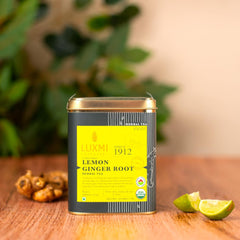 Luxmi Estates Lemon Ginger Herbal Tea - 50gm Tin, 1.7 Ounce | USDA Organic Certified Herbal Tea - Made With Lemon Peel, Ginger, Lemongrass, Licorice | Caffeine Free Herbal Tea