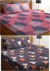 Combo 2 Double Bedsheets With 4 Pillow Covers - 90 X 90 Inches, Multicolor | Glace Cotton 160 Thread Count - Ideal For House, Bedroom, Guest House