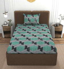 1 Single Bedsheet With 1 Pillow Cover - All Around Elastic Fitted | 100% Premium Fabric Is Lightweight, Soft & Comfortable | Size 36 X 72 X 8 Inches, Grey & Green