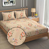 1 Elastic Fitted Bedsheet For King Size & 2 Pillow Covers - 78 X 72 Inches, Beige | Elegant Floral Print Design & Skin-Friendly