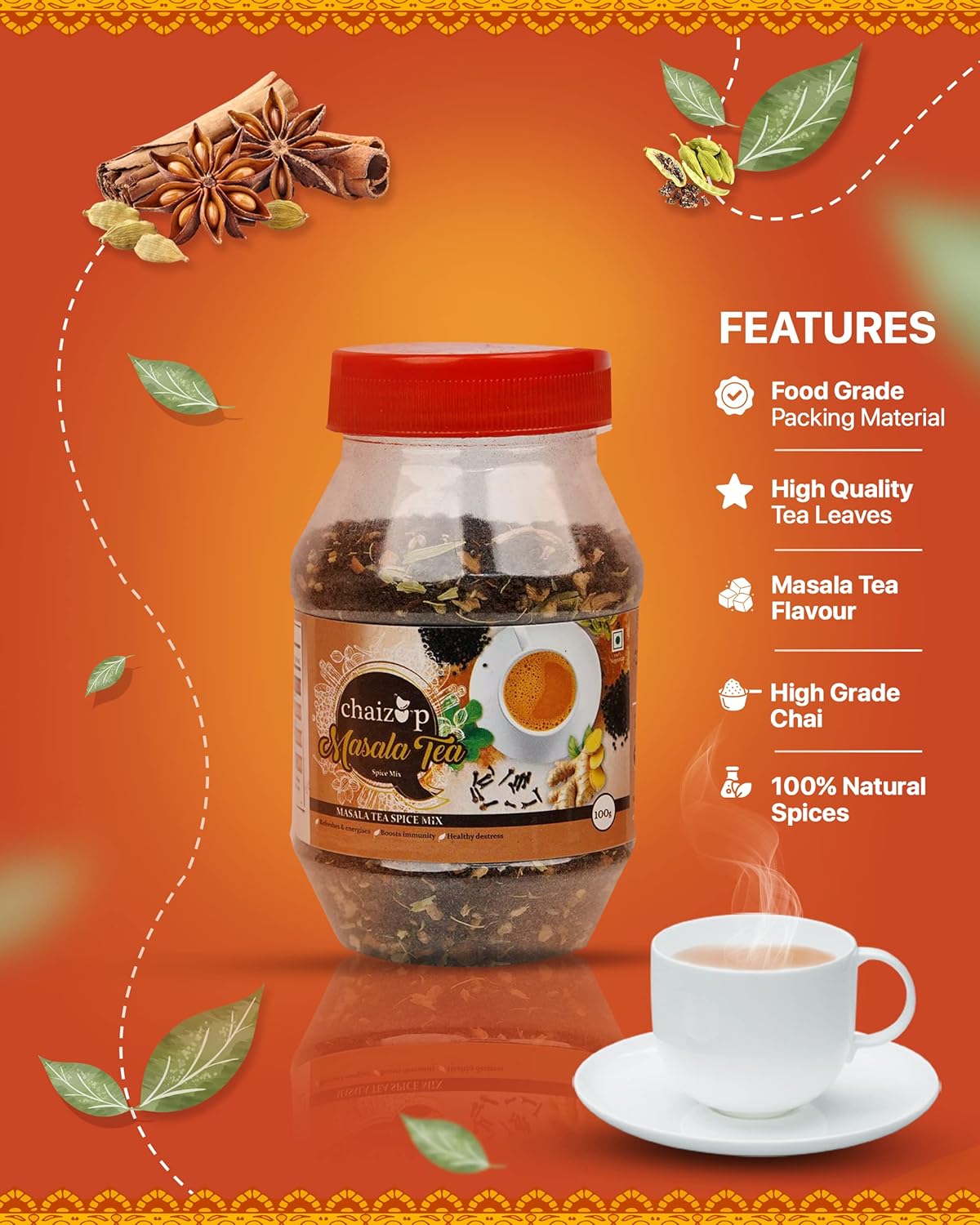 Chaizup Premium 1 Min Instant Masala Tea Premix - 100gm, 3.5 Ounce | Just Add Hot Water - Assam Masala Chai Powder | Low Caffeine, No Added Color - Home Like Tea Chaizup Premium 1 Min Instant Masala Tea Premix - 100gm, 3.5 Ounce | Just Add Hot Water - Assam Masala Chai Powder | Low Caffeine, No Added Color - Home Like Tea