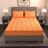 Handloom Printed Double Bedsheet For Queen Size With 2 Matching Pillow Cover | Size 90 X 100 Inches, Orange - Cotton Bedsheets For Double Bed | Soft & Smooth