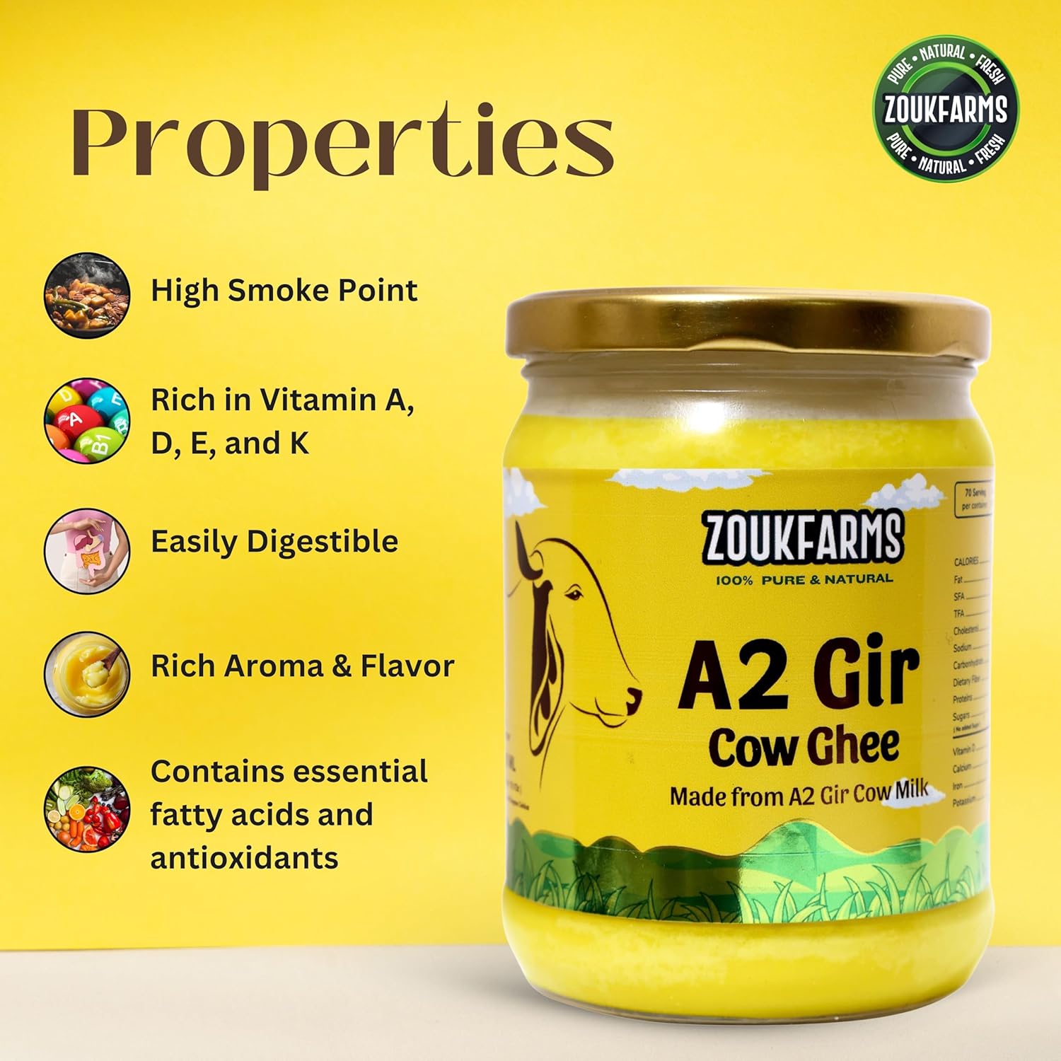 Premium A2 Gir Cow Ghee By Zoukfarms | Made By Churning Curd Vedic Bilona Method Desi Danedar Ghee Perfect For Laddus & Parathas | (500ml) 16.9 Ounce | Jar Pack Premium A2 Gir Cow Ghee By Zoukfarms | Made By Churning Curd Vedic Bilona Method Desi Danedar Ghee Perfect For Laddus & Parathas | (500ml) 16.9 Ounce | Jar Pack
