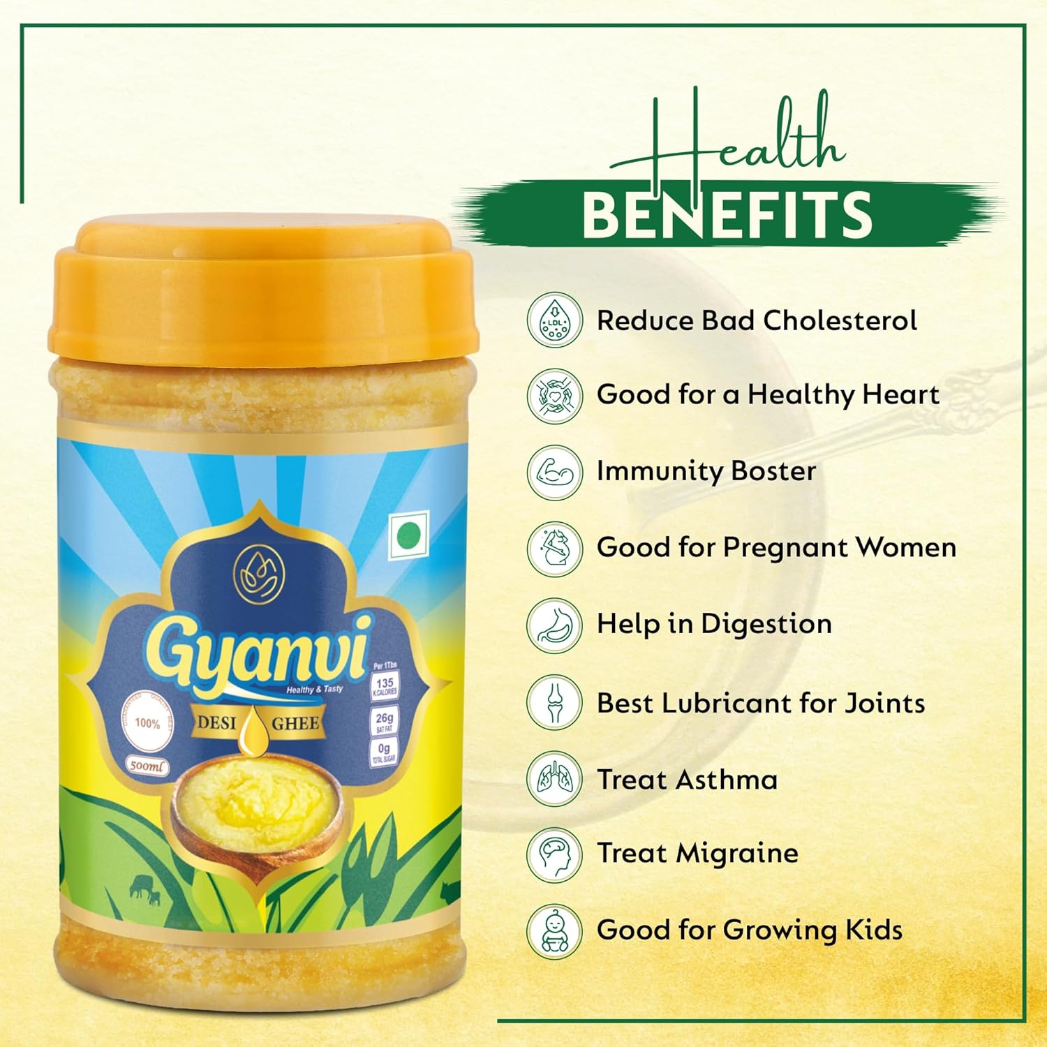 Natural Premium Desi Ghee By Gyanvi | Highly & Nutritious Pure Desi Ghee For Used For Better Digestion | (1 Litr) 33.8 Ounce | Plastic Bottle Natural Premium Desi Ghee By Gyanvi | Highly & Nutritious Pure Desi Ghee For Used For Better Digestion | (1 Litr) 33.8 Ounce | Plastic Bottle