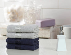 Fash Home International 100% Cotton Ultra Soft & Super Absorbent Antibacterial Hand Towel 500 Gsm (Navy Blue & Silver) - Pack Of 4