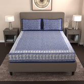 Handloom Printed Double Bedsheet For Queen Size With 2 Matching Pillow Cover | Size 90 X 100 Inches, Blue - Cotton Bedsheets For Double Bed | Soft & Smooth