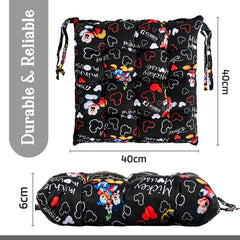 Soft & Comfort Chair Cushion Pad With Ties, Sitting Pillow, Disney Print - Black | Square Shape Pillow, Gaddi For Office, Study Chair, Sofa, Pooja Room | Pain Relief Seat Cushion - 3 Pcs