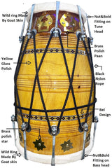 Handmade Bhajan Kirtan Sheesham Wood Dholak With Yellow Glassy Glass Transparent Polish - Yellow | Goat Skin Made Ring Fitting By Nut & Bold On Both Side